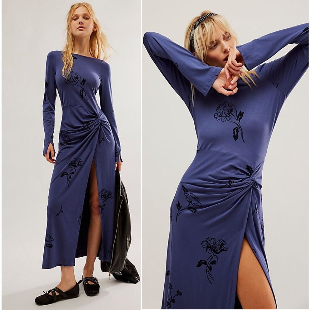 FREE PEOPLE Love And Be Loved Midi DRESS Size L Navy Floral Stretch NEW $148